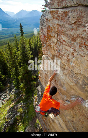 Eine starke männliche Kletterer Klettern, RUDED2 10d, Silver City, Schloss Mtn, Banff, AB Stockfoto