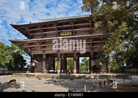 Massives zweistöckiges Tor durch das Besucher das Gelände des Todaiji-Tempels in Nara, Japan betreten. Genannte Nandaimon (oder große Stockfoto