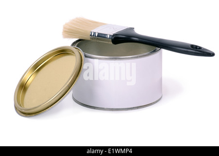 Lack-Dose öffnen mit Pinsel oben bereit für die Arbeit, isoliert auf weißem Hintergrund Stockfoto