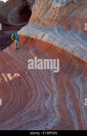 Wanderer und Sandstein bei White Pocket, Paria Canyon - Vermillion Cliffs Wilderness, Arizona, Vereinigte Staaten Stockfoto
