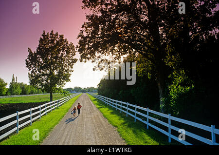 zwei Bauernhof Kinder laufen auf einer Landstraße auf dem Weg zur Schule, in der Nähe von Grande Pointe, Manitoba, Kanada Stockfoto