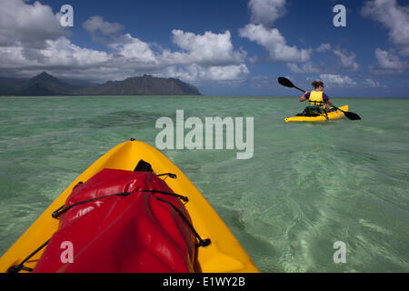 Kajakfahren in der Kane'ohe Bucht, Oahu, Hawaii, Vereinigte Staaten von Amerika Stockfoto