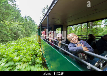 Kleine Kinder genießen die Open-Air-Pkw auf die Alberni Pacific Steam Train Enroute Port Alberni, McLean Mill Stockfoto