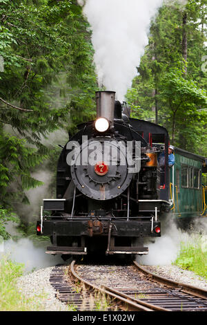 Eine komplett restaurierte 1929 bietet Dampflokomotive Baldwin 90 Tonnen Zugkraft für die Alberni Pacific Steam Train Stockfoto