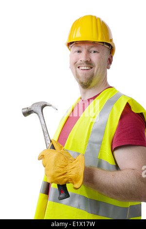 Mann mit Konstruktion Getriebe, gelb, Mütze, Handschuhe, isoliert auf weißem Hintergrund Stockfoto