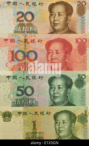 chinesische Währung 1 20 50 100 Yuan Anmerkungen Stockfoto