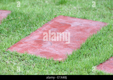 Platte aus rotem Stein auf Rasen im Garten. Stockfoto