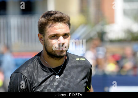 Stanislas Wawrinka, Schweizer 1. Samen nach Queens Club 2014, die nach der Niederlage in der ersten Runde der French Open, auf die Praxis Gerichte vor seinem ersten Spiel eine Wild Card erhalten Stockfoto