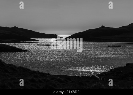 Ein schwarz-weiß Bild von einem Abend Blick westlich von Mavis Grind, Shetland Schottland Stockfoto