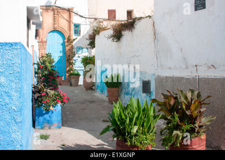Malerischen blauen und weißen Gassen in der Oudaia-Kasbah, Rabat, Marokko. Stockfoto