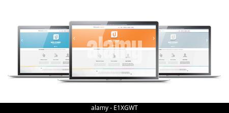 Drei Laptops, die moderne Webentwicklung programmieren Webseiten anzeigen Stock Vektor