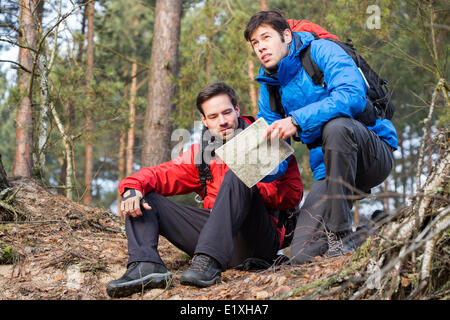 Backpacker mit Karte im Wald Stockfoto