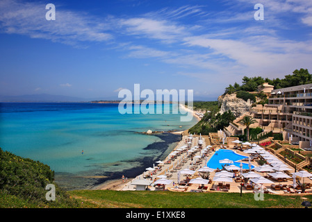 Einer der Strände im Sani Beach Resort, Halbinsel Kassandra, Chalkidiki ("Chalkidi"), Mazedonien, Griechenland Stockfoto