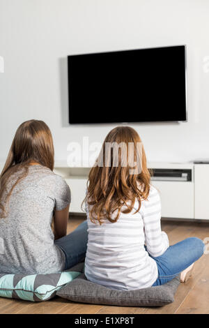 Rückansicht der Schwestern zu Hause vor dem Fernseher Stockfoto