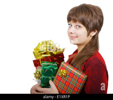 attraktive junge Frau mit Geschenk-Boxen Stockfoto