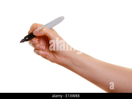 Zarte Frauenhand mit einem schwarzen marker Stockfoto