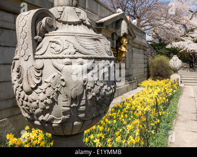 Büffelschädel Carven auf dekorative Urne, John Purroy Mitchell Denkmal, Central Park, New York Stockfoto