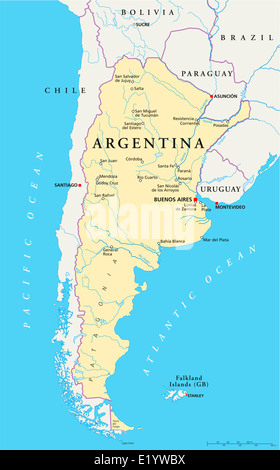 Argentinien politische Karte mit Hauptstadt Buenos Aires, Landesgrenzen, die wichtigsten Städte, Flüsse und Seen. Englisch beschriften.