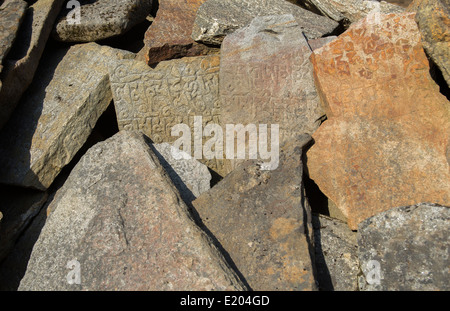 Nepal-Mani Steinen auf ein Mani-Mauer in Khumjung Solukhumbu, remote, Mt. Everest, Himalaya Stockfoto