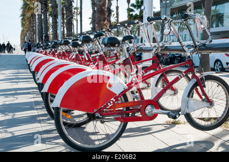 roten Fahrräder in Barcelona zum Wandern Stockfoto