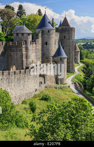 Chateau Comtal, mittelalterliche Festung von Carcassonne, Cite de Carcassonne, Carcassonne, Département Aude, Languedoc-Roussillon Stockfoto