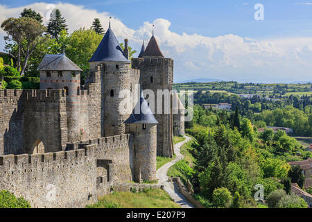 Chateau Comtal, mittelalterliche Festung von Carcassonne, Cite de Carcassonne, Carcassonne, Département Aude, Languedoc-Roussillon Stockfoto