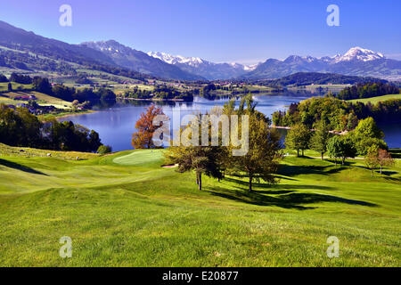 Golfplatz am See von La Gruyère oder Lac De La Gruyère, Freiburgeralpen auf der Rückseite mit Mt Moléson oder Le Moléson Stockfoto