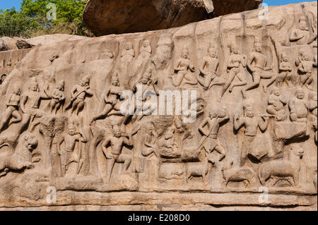 Basrelief Herabkunft des Ganges, Mahabalipuram, Mamallapuram, Tamil Nadu, Kanchipuram, Indien Stockfoto