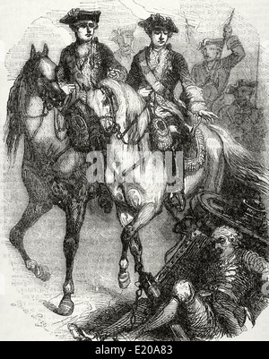 Louis XV. von Frankreich (1710-1774) und den Dauphin in der Schlacht von Fontenoy, im Österreichischen Erbfolgekrieg, 1745. Gravur. Stockfoto