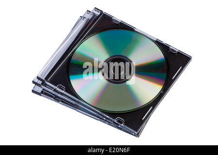 Stapel von CDs in einer Box isoliert. Stockfoto