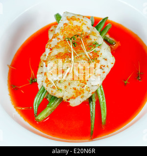 Filet vom Barsch mit Gemüse und Soße serviert auf einem weißen Teller in einem restaurant Stockfoto