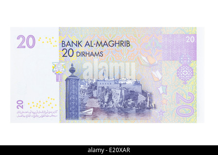 Marokkanische 20 Dirham Banknote auf weißem Hintergrund Stockfoto