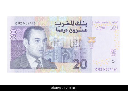 Marokkanische 20 Dirham Banknote auf weißem Hintergrund Stockfoto