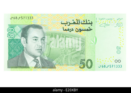 Marokkanische 50 Dirham Banknote auf weißem Hintergrund Stockfoto