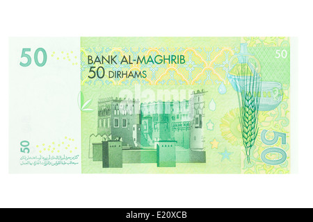 Marokkanische 50 Dirham Banknote auf weißem Hintergrund Stockfoto