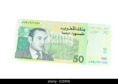 Marokkanische 50 Dirham Banknote auf weißem Hintergrund Stockfoto