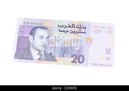 Marokkanische 20 Dirham Banknote auf weißem Hintergrund Stockfoto