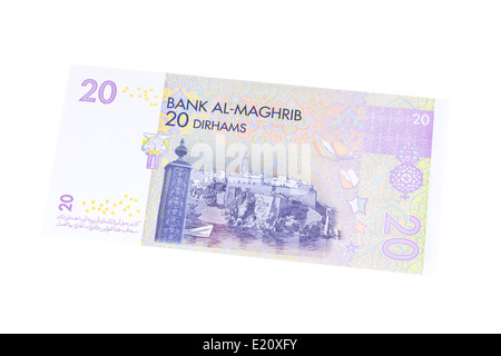 Marokkanische 20 Dirham Banknote auf weißem Hintergrund Stockfoto