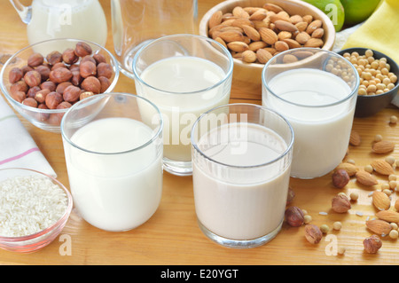 Verschiedene vegane Milch auf einem Tisch. Haselnuss, Mandeln, Reis und Soja Milch. Ersatz für Kuhmilch. Stockfoto