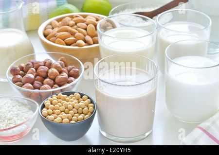 Verschiedene vegane Milch auf einem Tisch. Haselnuss, Mandeln, Reis und Soja Milch. Ersatz für Kuhmilch. Stockfoto