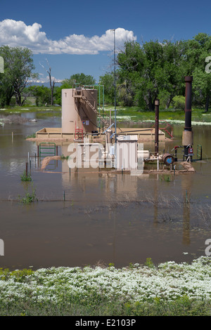 Greeley, Colorado - eine Ölquelle von Cache la Poudre River nach heftigen Regenfällen überflutet. Stockfoto