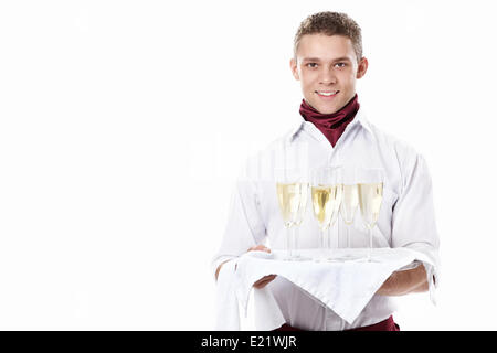 Der junge Kellner mit einem Tablett Stockfoto