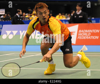 Tokio, Japan. 13. Juni 2014. Lin Dan aus China tritt gegen Jan O Jorgensen von Dänemark während der Männer Singles Viertel Finale von Yonex Open Japan in Tokio, Japan, 13. Juni 2014. Lin Dan verlor 1: 2. © Stringer/Xinhua/Alamy Live-Nachrichten Stockfoto