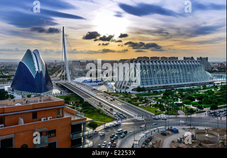 Blick über die Stadt der Künste und Wissenschaft Park und Oceanogràfic Valencia, Spanien Stockfoto