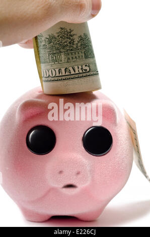 Sparschwein und US-Dollar Stockfoto