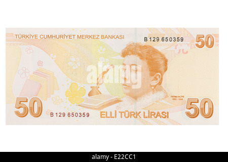 Türkische 50 Lira Banknote auf weißem Hintergrund Stockfoto