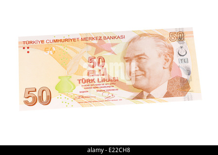 Türkische 50 Lira Banknote auf weißem Hintergrund Stockfoto