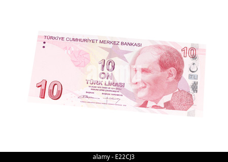 Türkische zehn Lira Banknote auf weißem Hintergrund Stockfoto