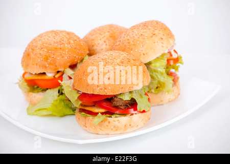 Hausgemachte Hamburger in weißen Schale legen. Studio Foto Stockfoto