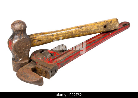 gut genutzte Schraubenschlüssel und Ball Peen hammer Stockfoto